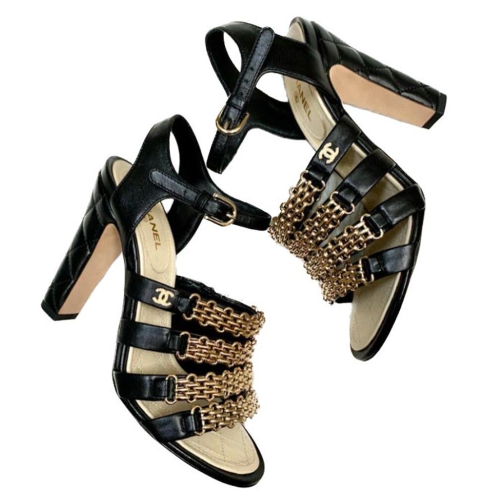 CHANEL CC Logo Black Lambskin Quilted Heels Gold Chain Strap Sandals IT 39 - Picture 2 of 16